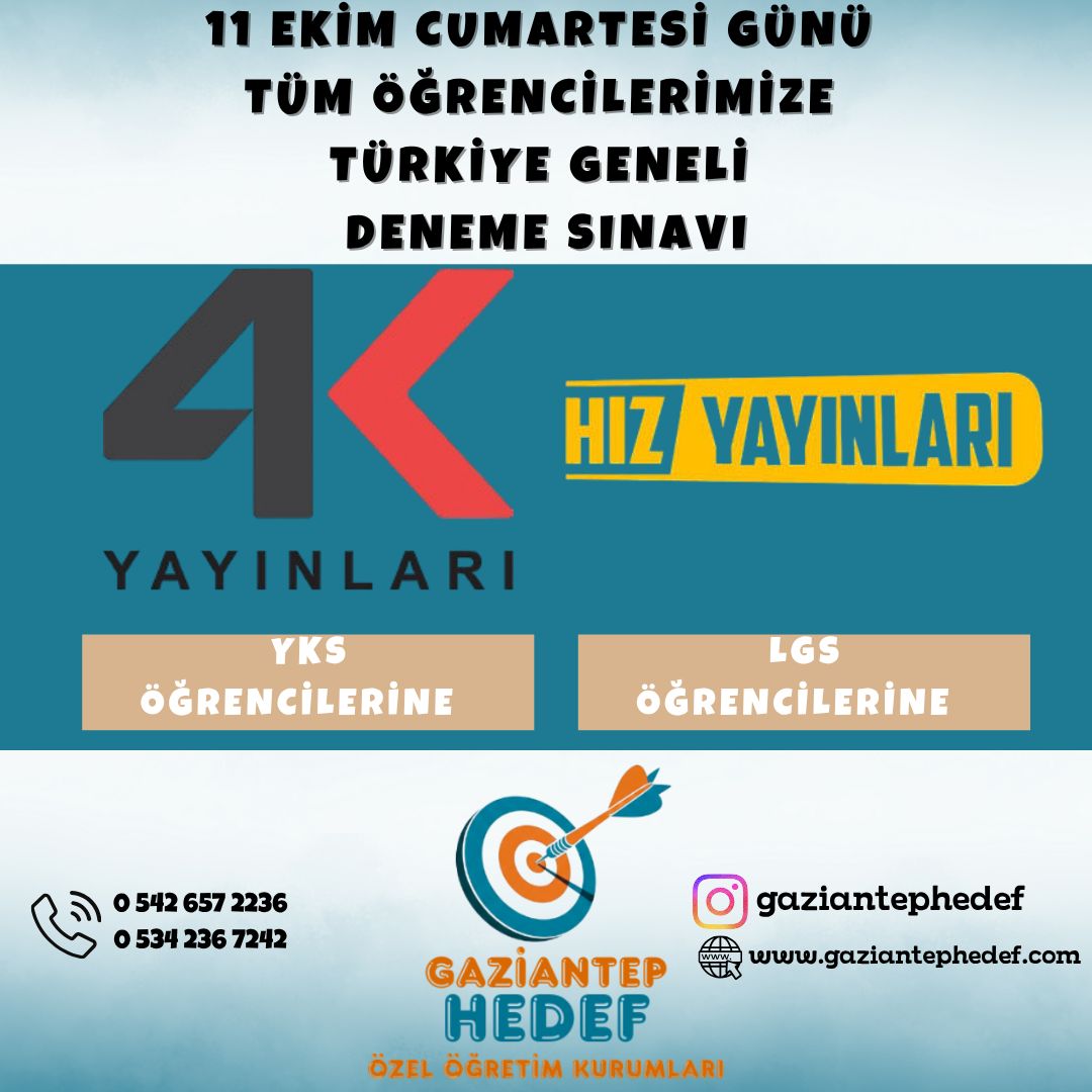 11 Ekim Cumartesi Günü Tüm Öğrencilerimize Türkiye geneli deneme sınavı'